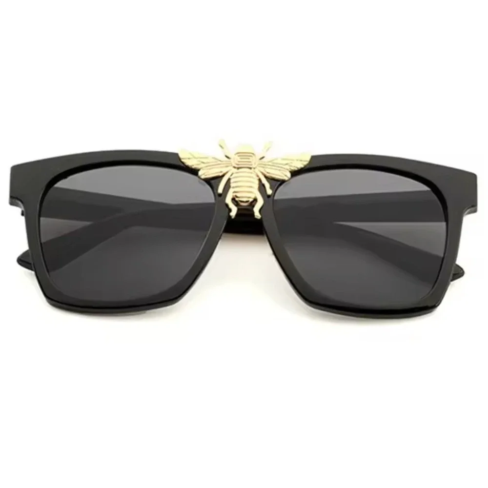 Fashion Sunglasses Square Frame Dark Black Lens Gold Metal‎ Accents Gangster New